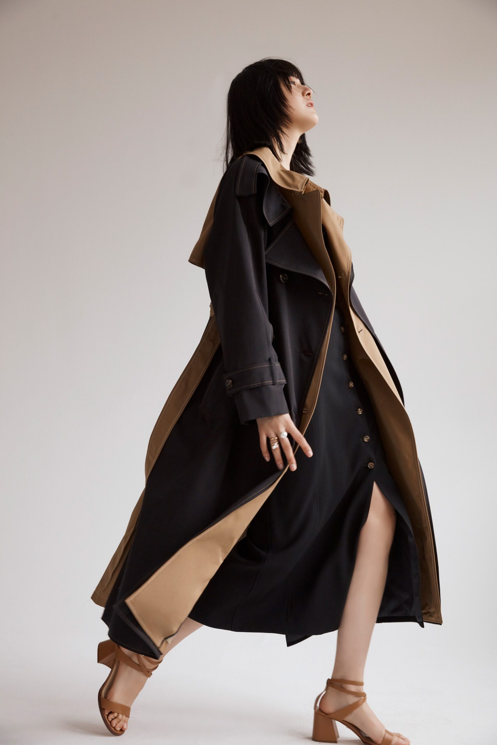 black and beige relaxed trench coat