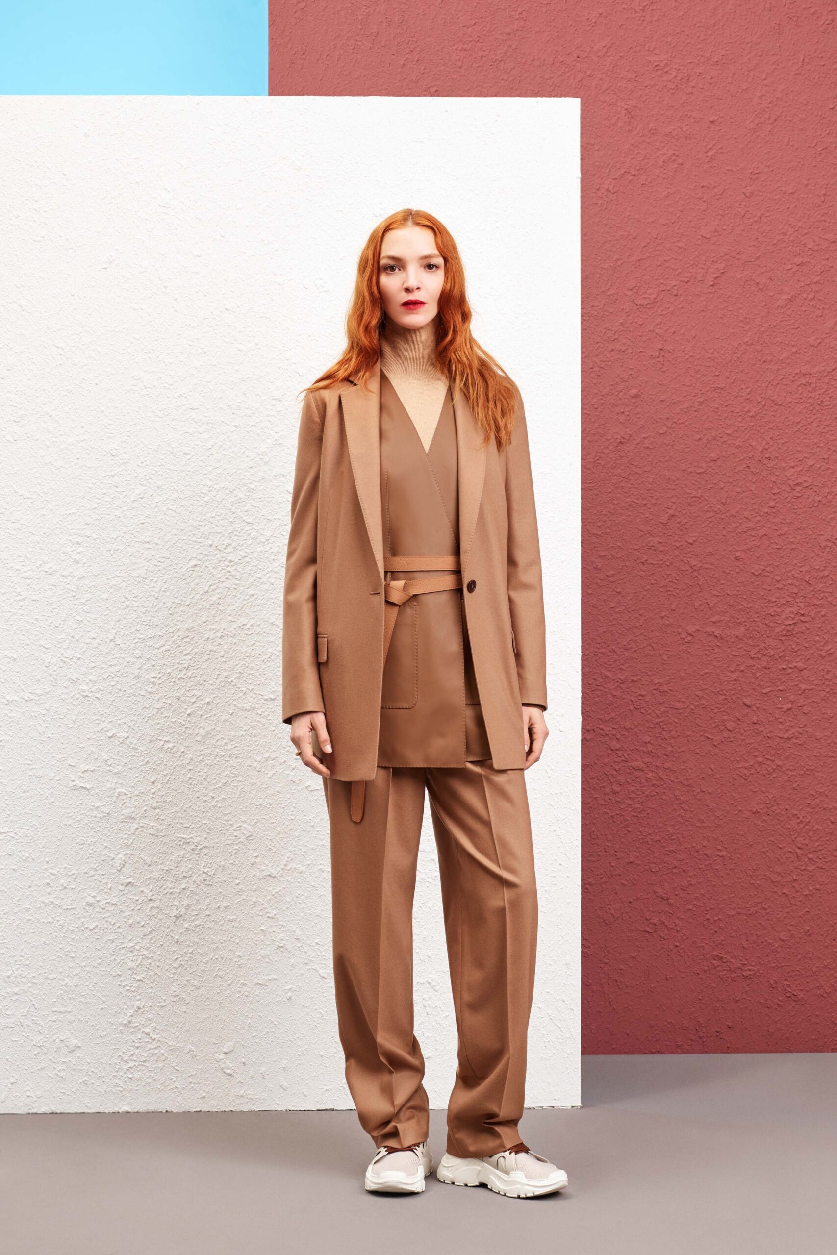beige tailored suit with chunky shoes