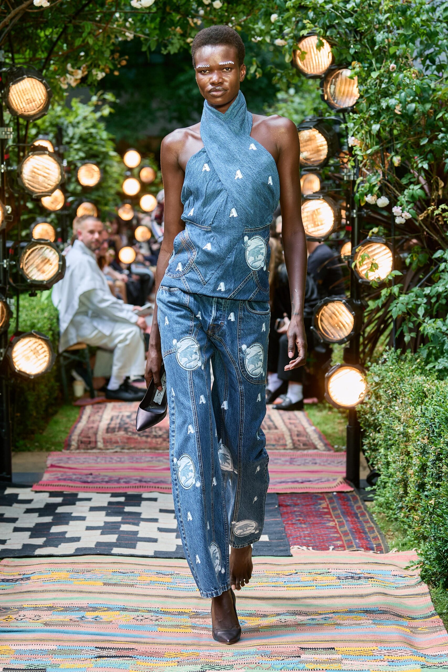 blue denim sleeveless jumpsuit