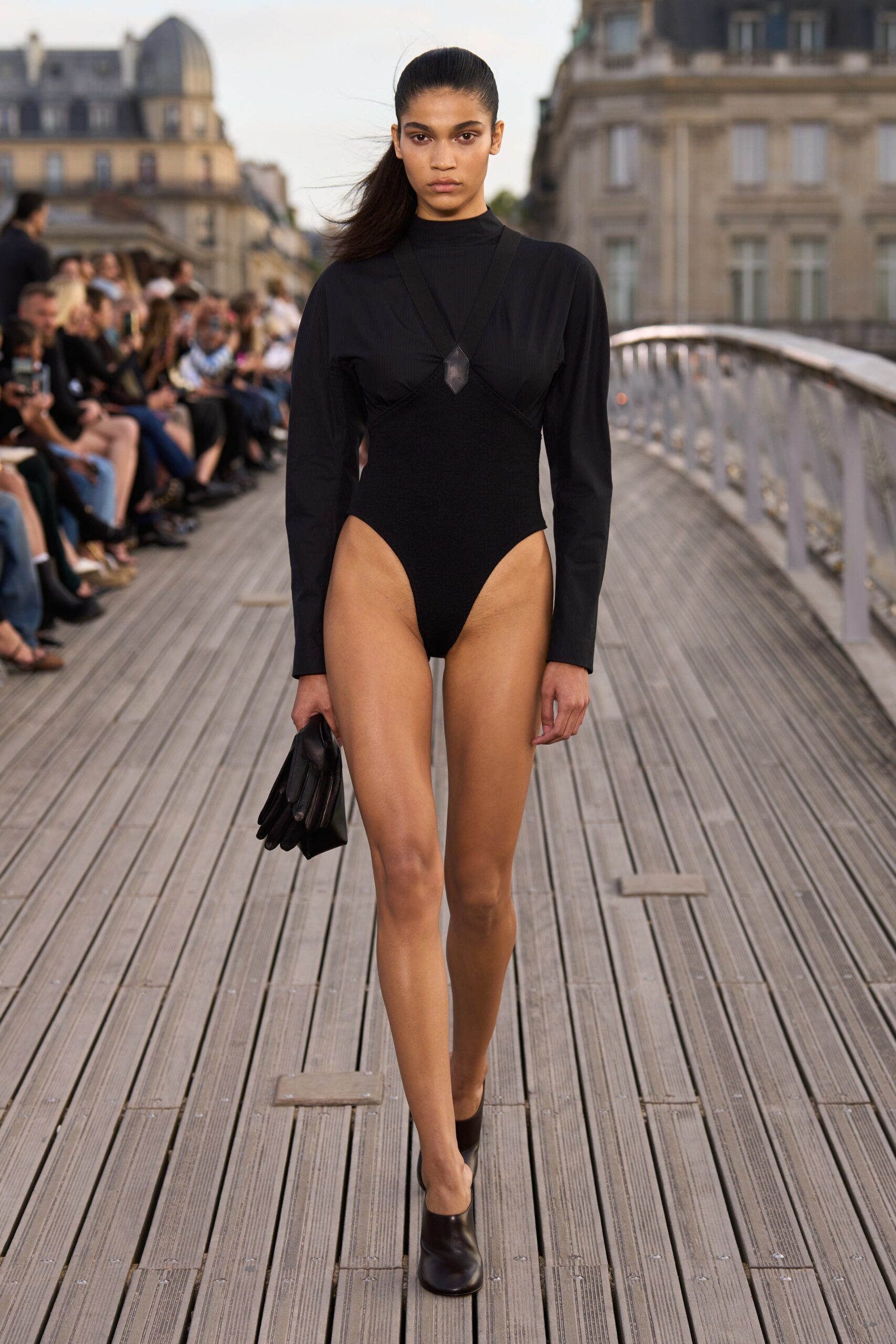 black cotton long-sleeve high-neck fitted bodysuit
