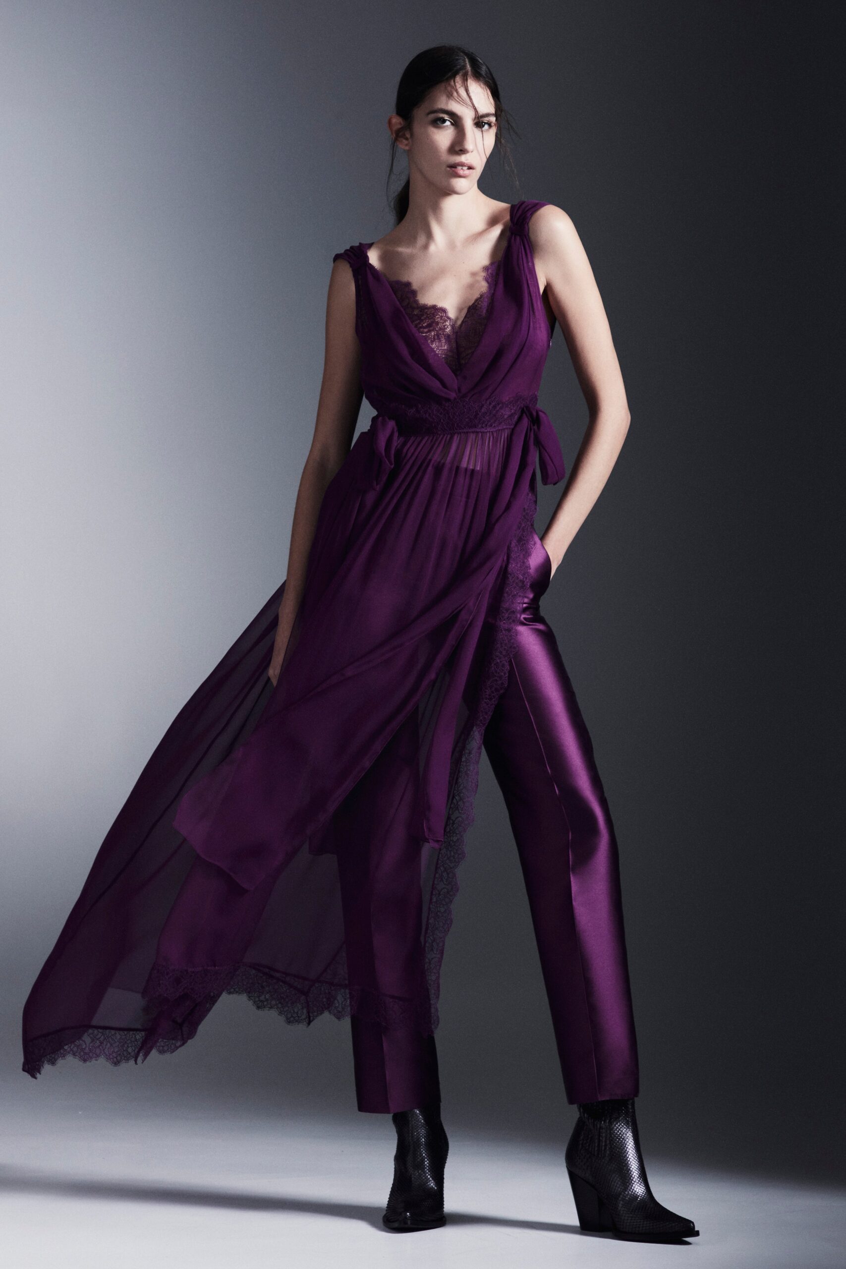 purple silk midi dress and tailored pants