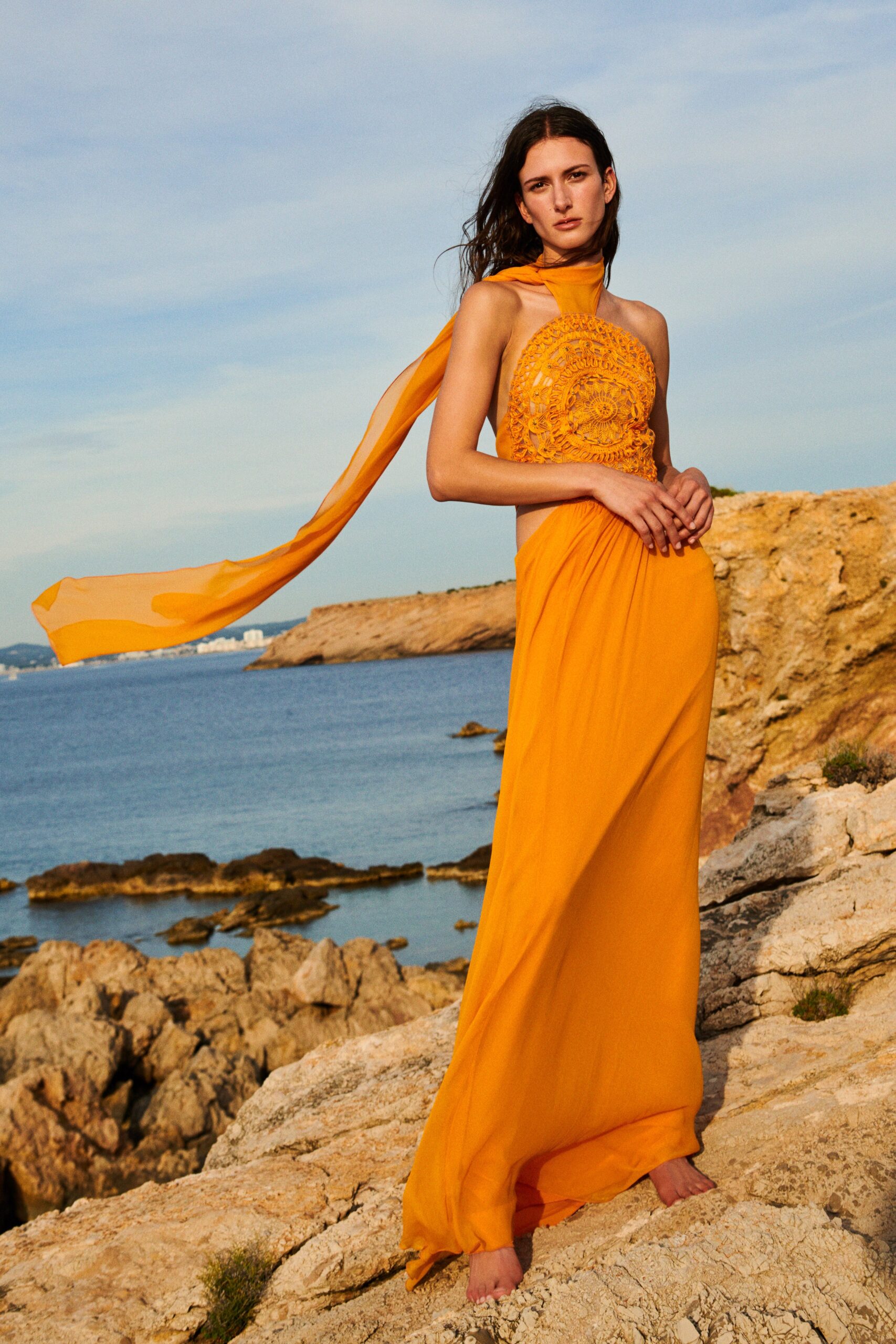 yellow silk embroidered gown