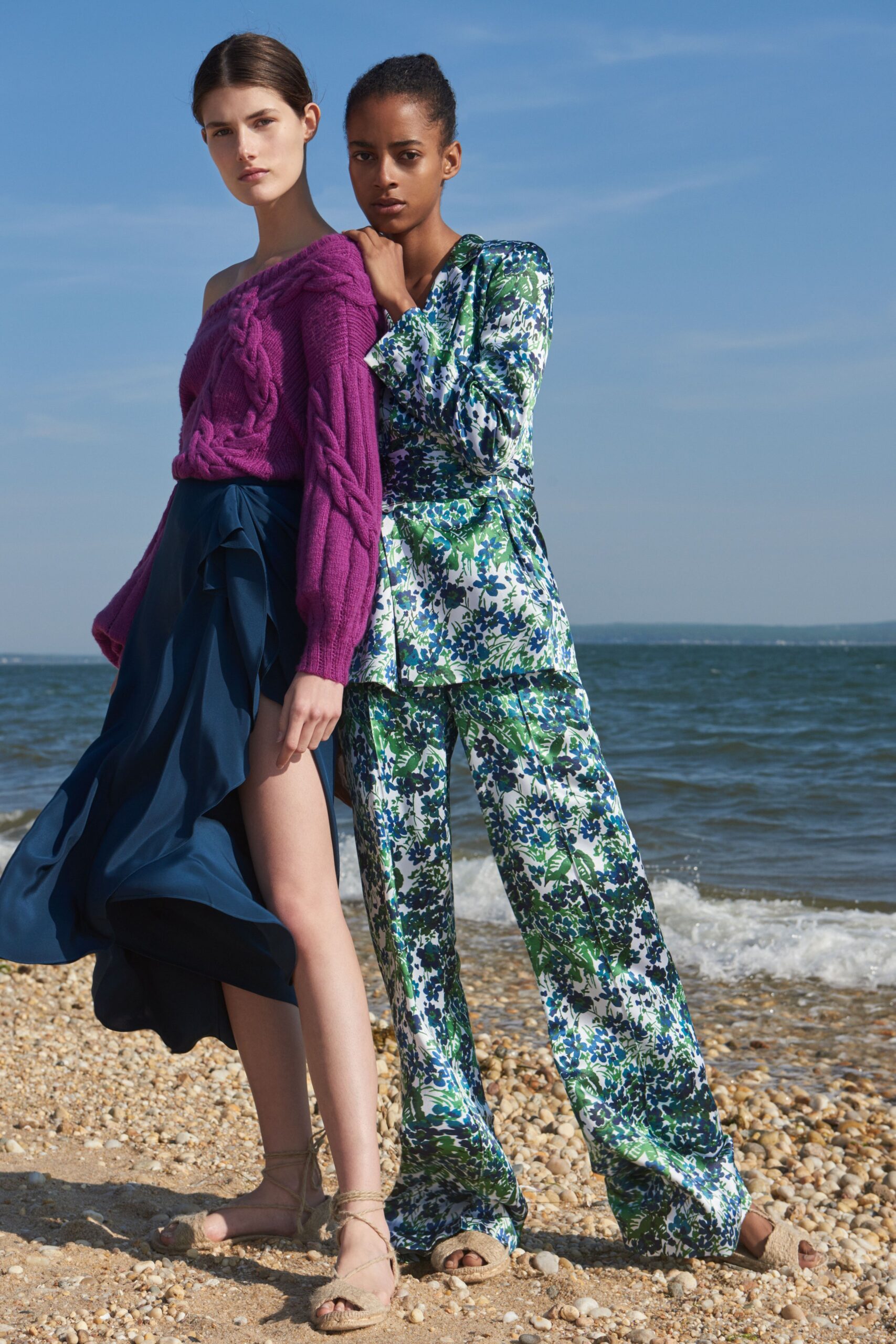 purple off-shoulder sweater and blue midi skirt