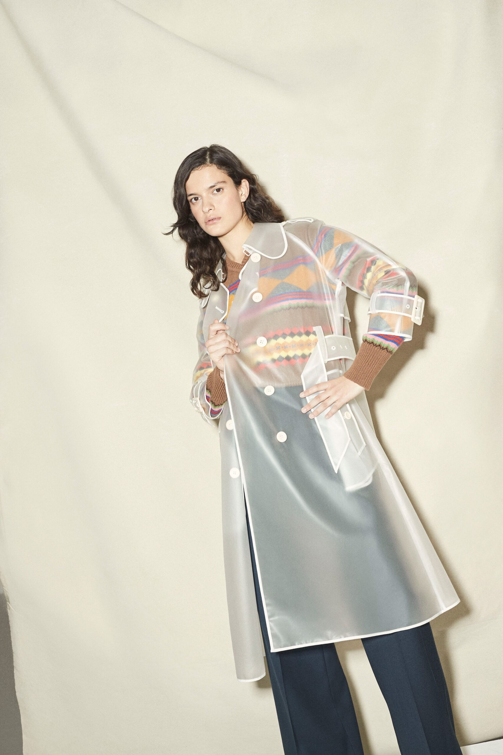 clear vinyl long-sleeve collared relaxed buttoned sheer coat