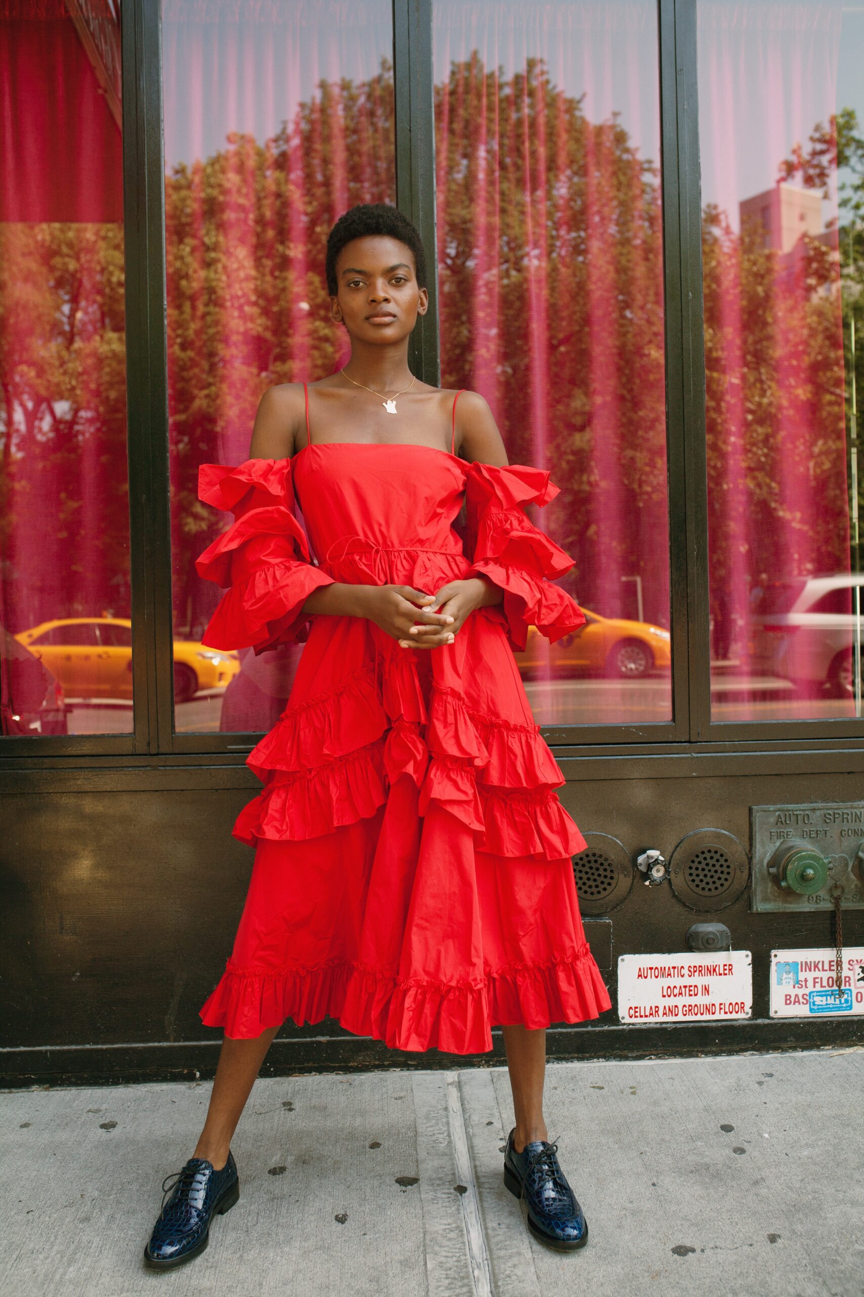 red ruffled midi dress