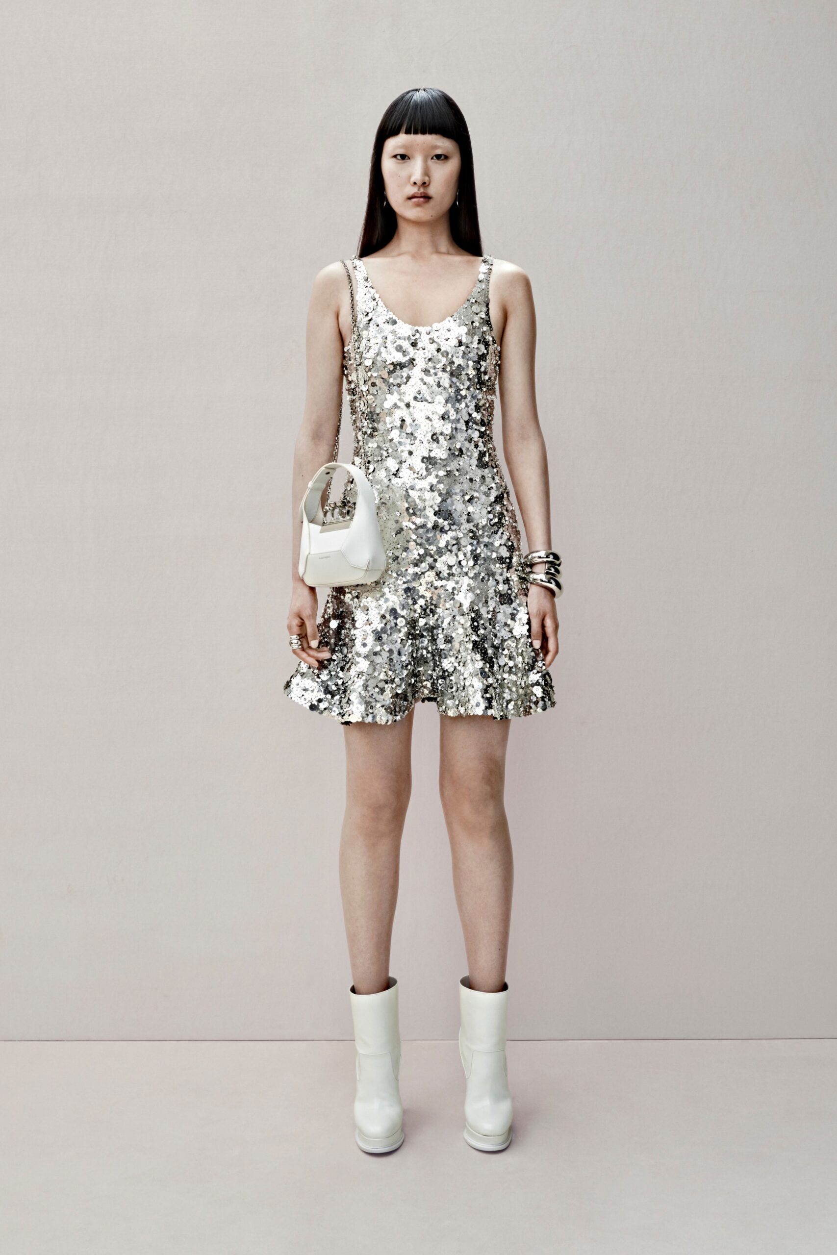 gray sequin sleeveless scoop-neck fitted flared shiny dress