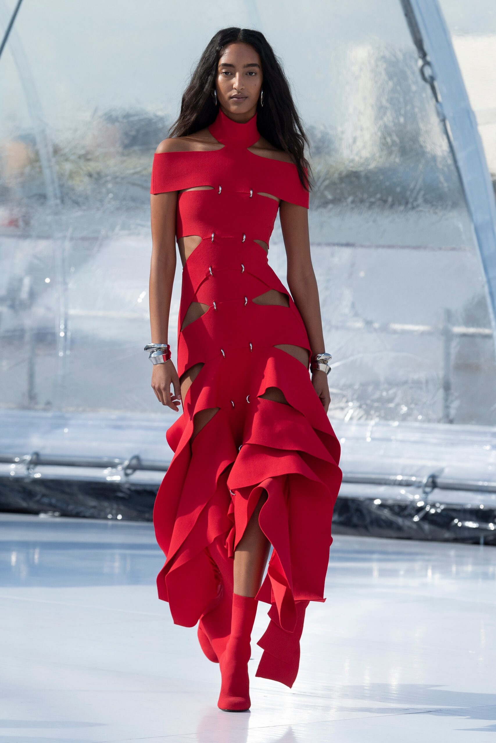 fitted red silk maxi dress