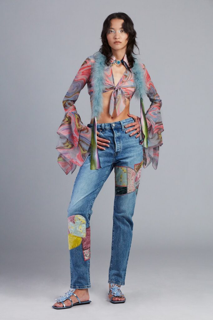multi-colored chiffon top with jeans