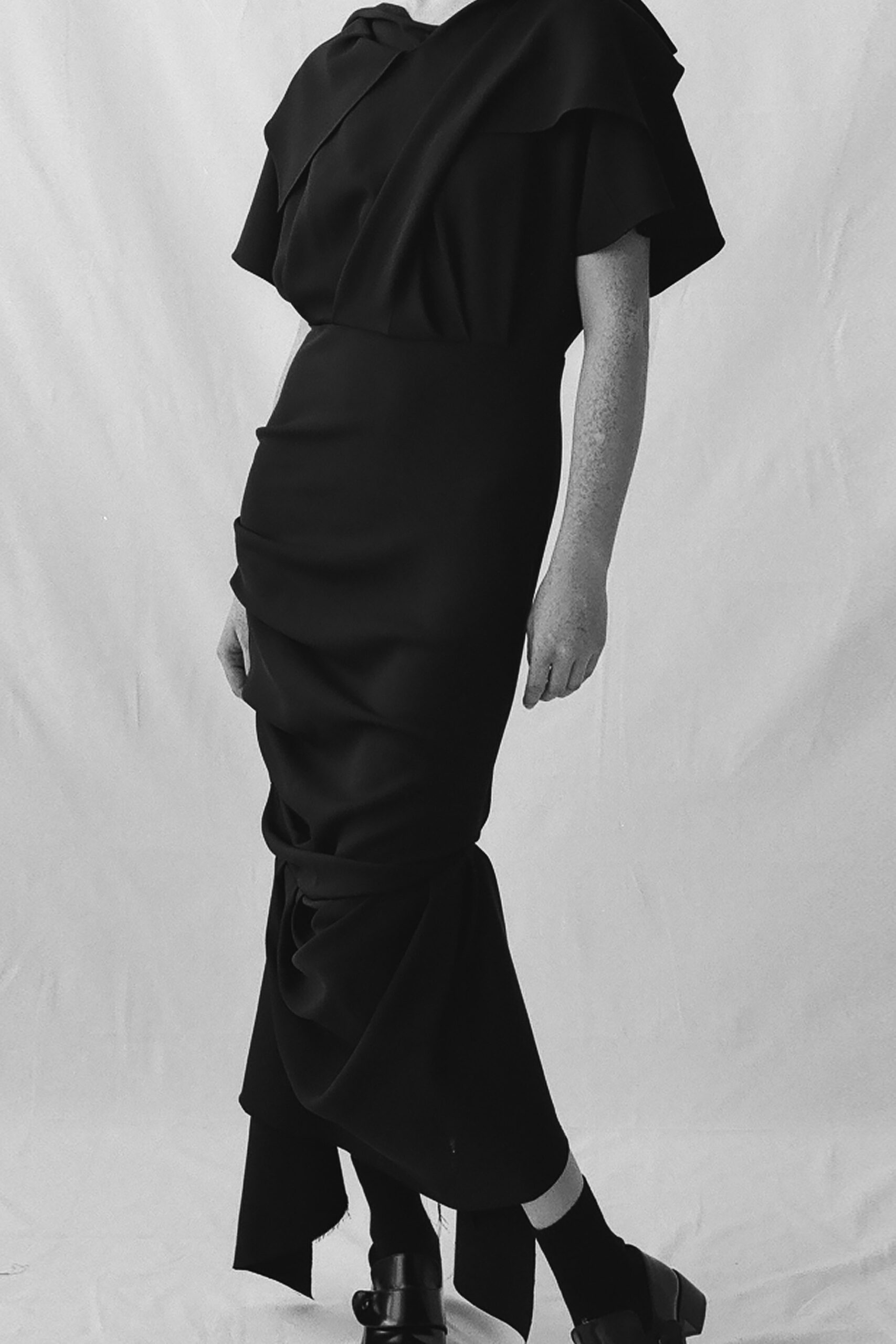 black silk draped midi dress