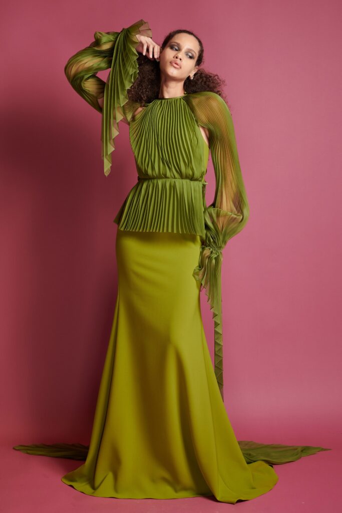 green pleated silk gown