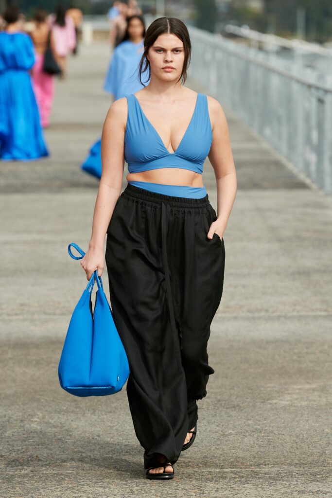 blue fitted top with relaxed pants