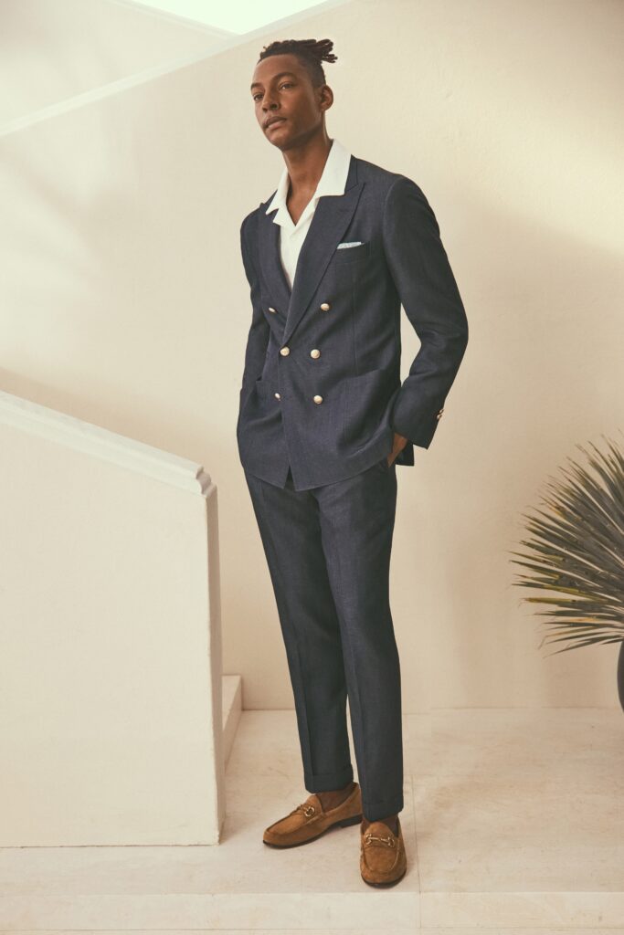 A tailored navy suit with a collared shirt and buttoned details for a sophisticated look.