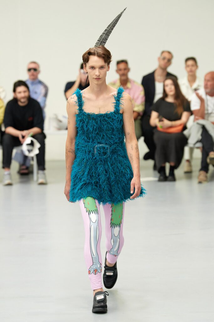 teal fur dress with printed leggings