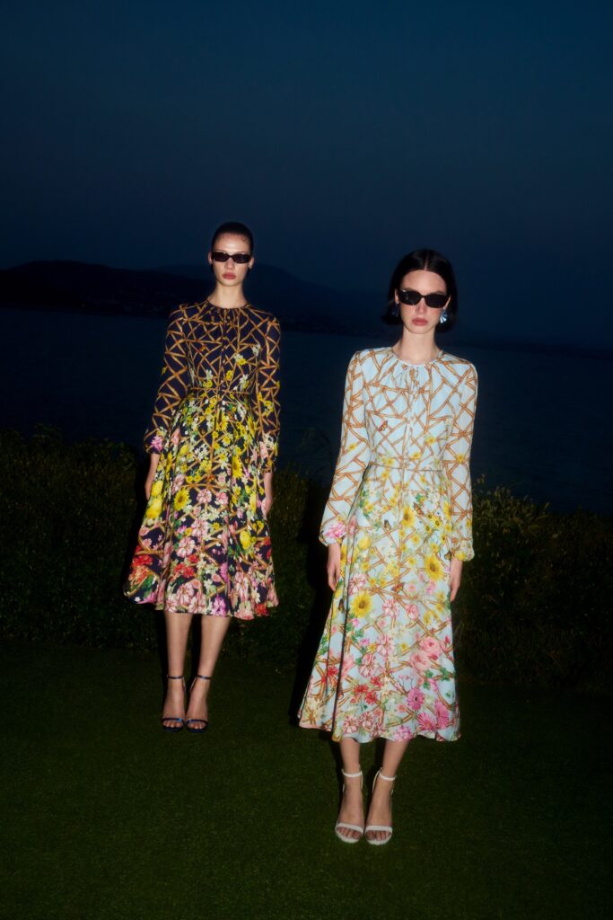 A fitted multicolor silk long-sleeve dress with a flared silhouette.