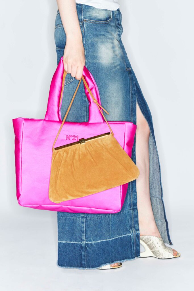 blue denim midi skirt with pink bag