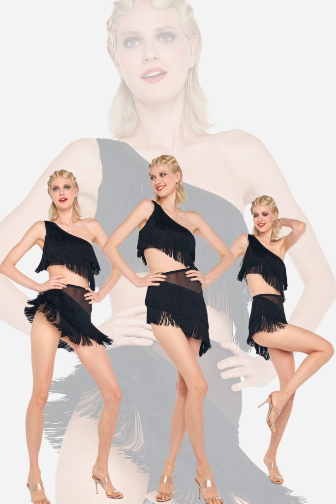 A fitted black silk dress with an off-shoulder design and fringed detailing.