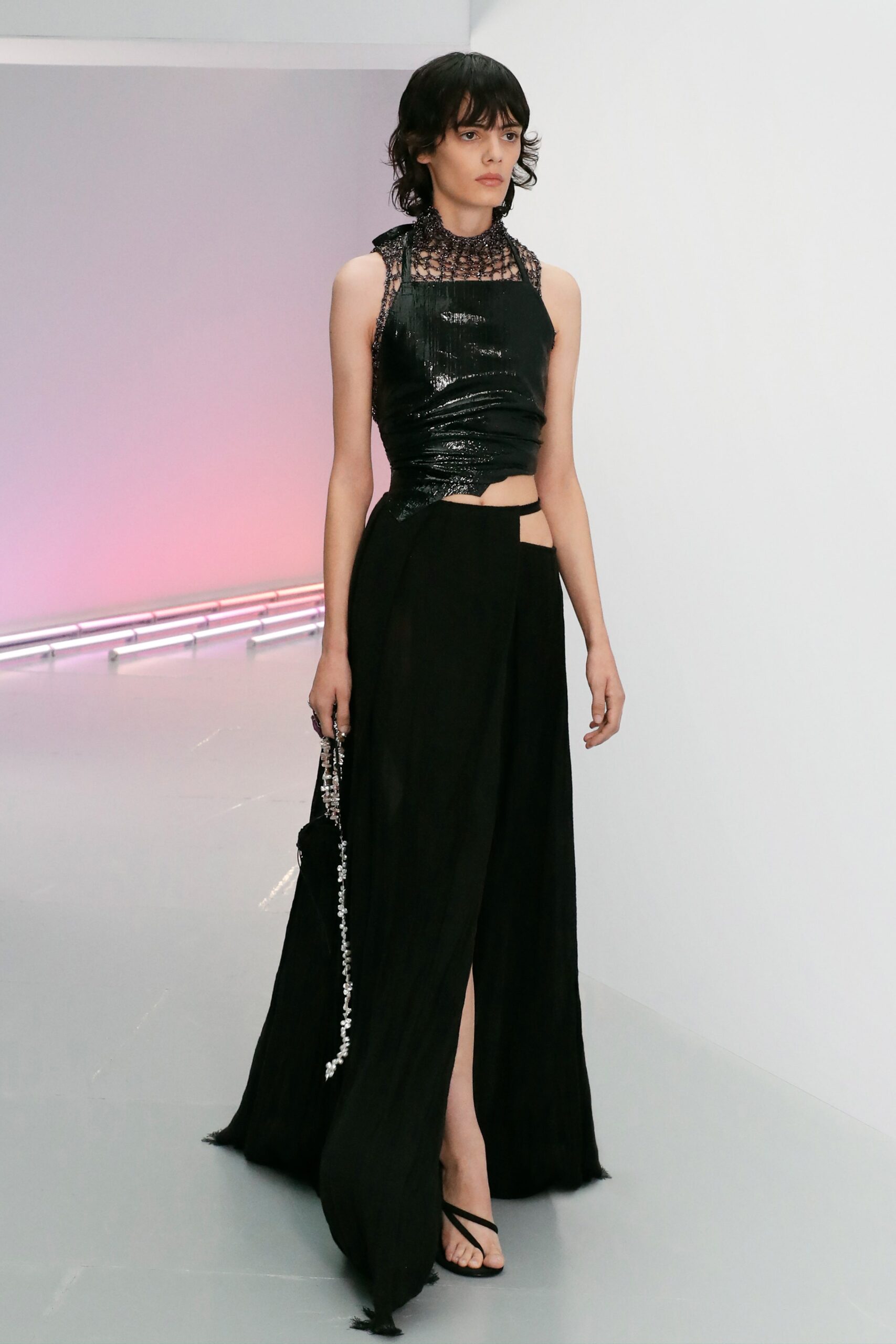 black silk top and skirt