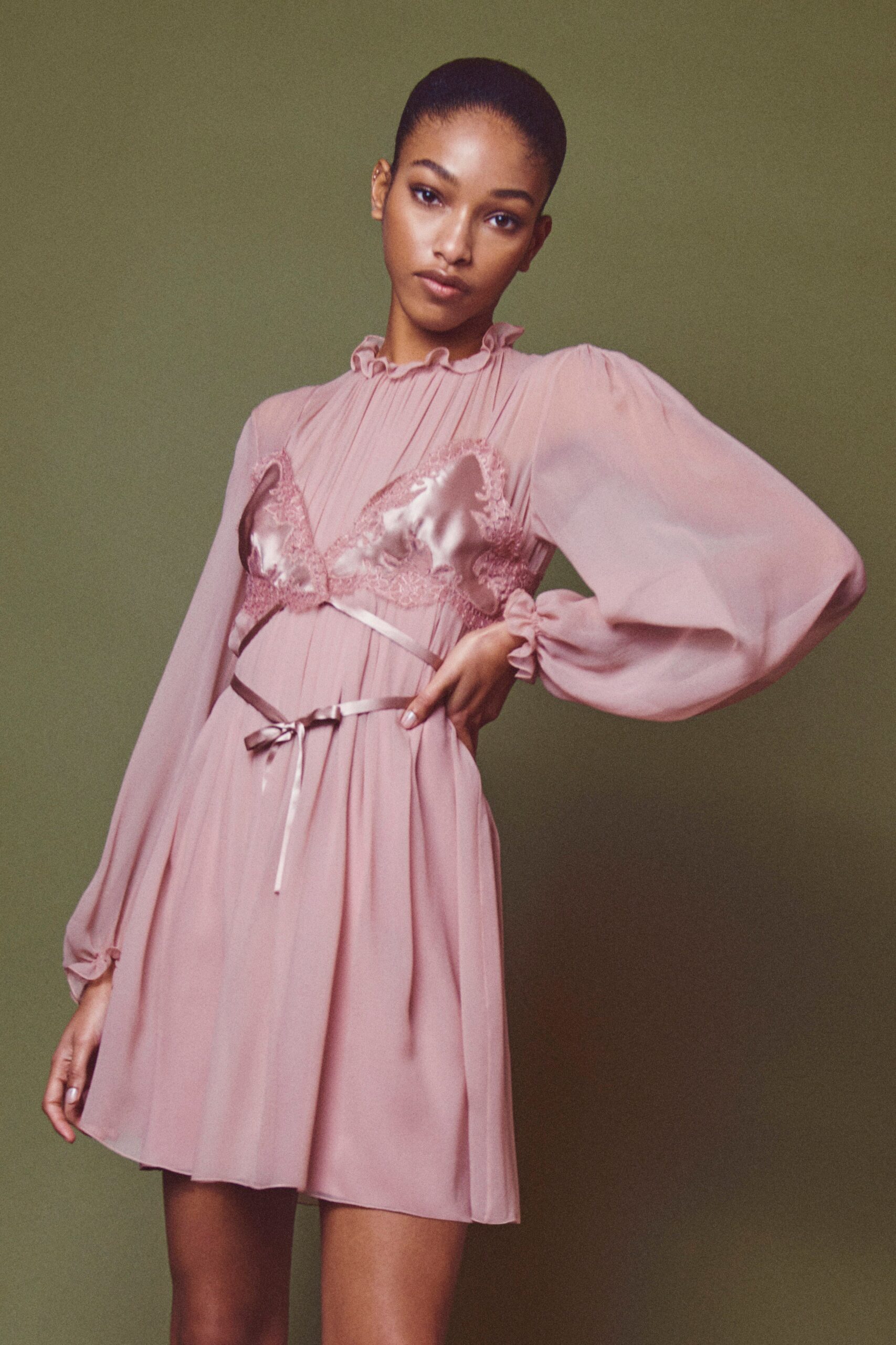 pink chiffon long-sleeve collared fitted pleated flowing dress