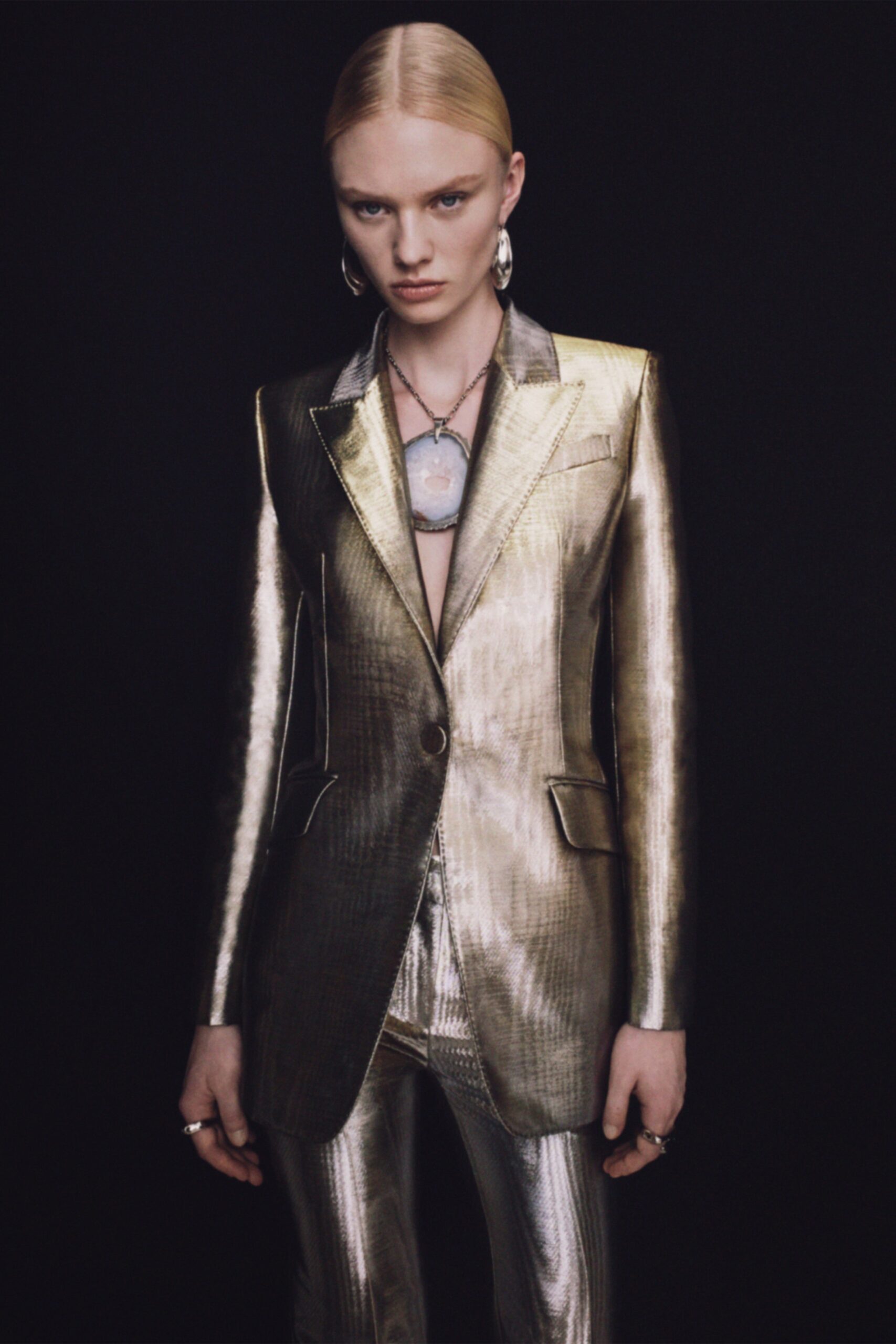 gold metallic long-sleeve v-neck tailored buttoned shiny blazer