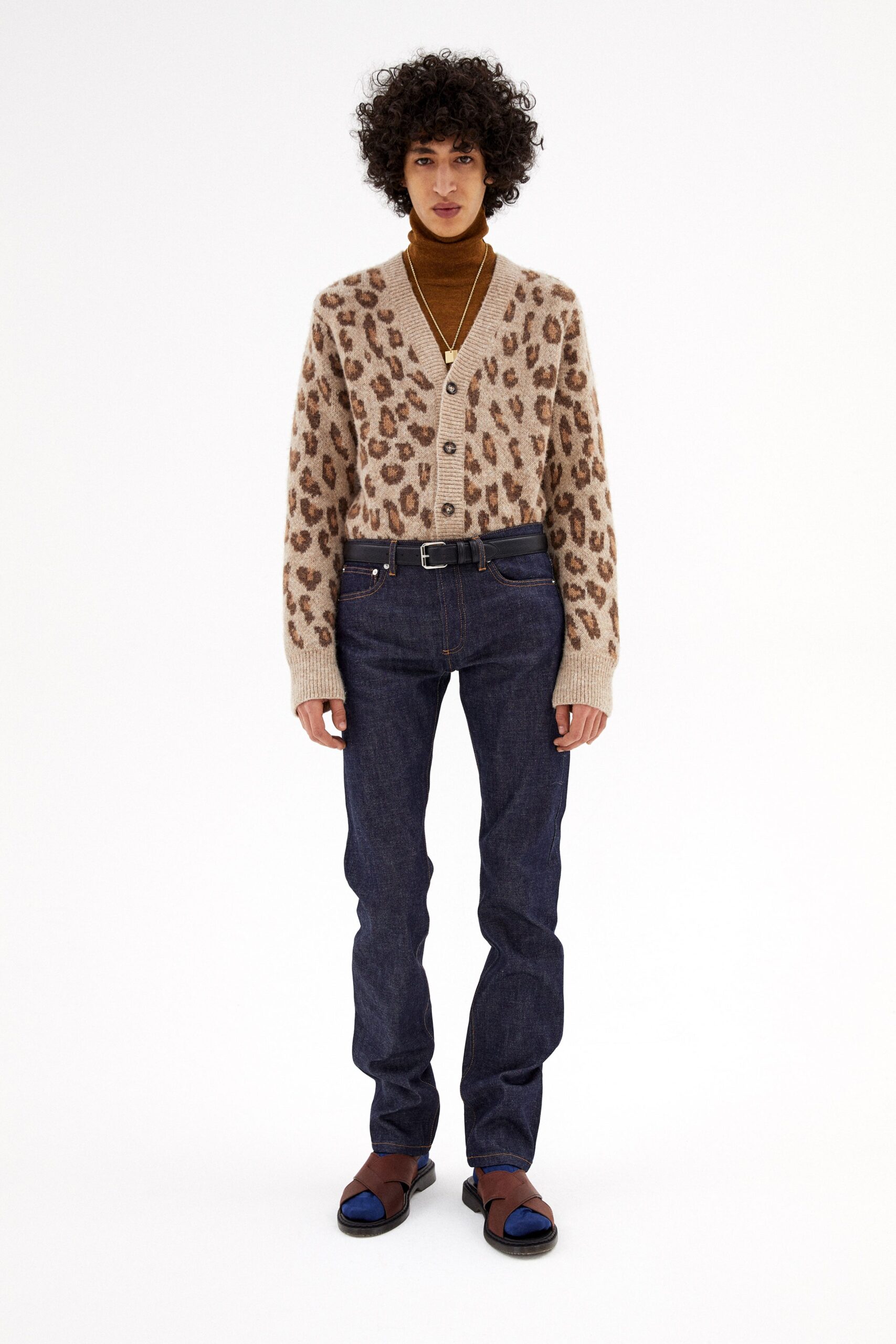 beige animal-print cardigan with jeans
