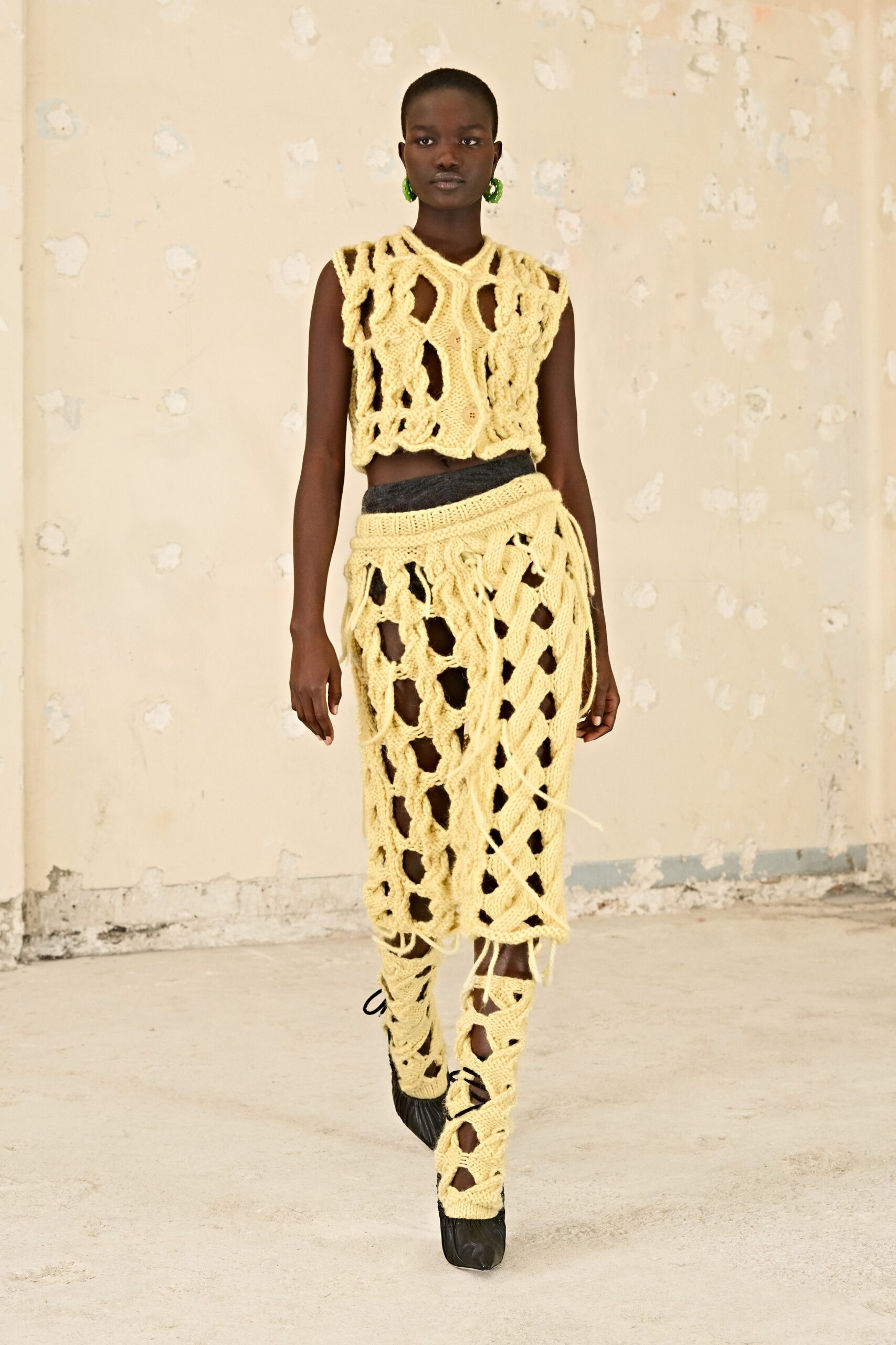 yellow crochet top and skirt