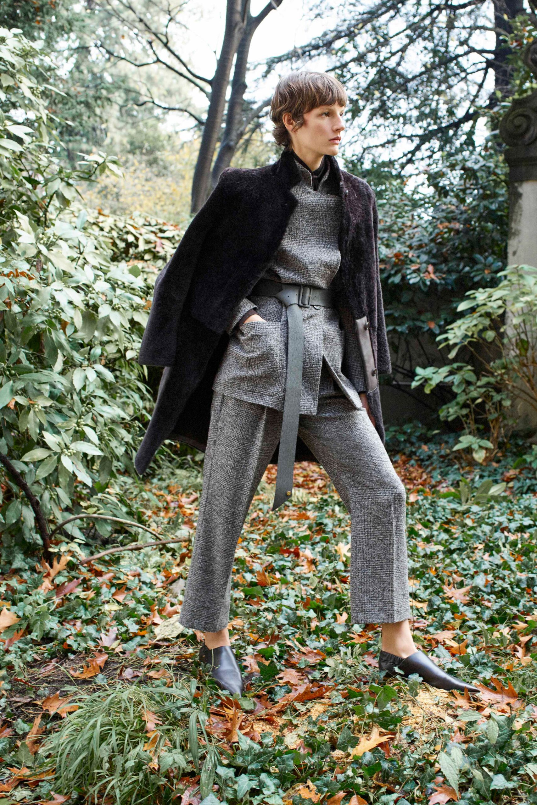 black fur coat gray wool outfit
