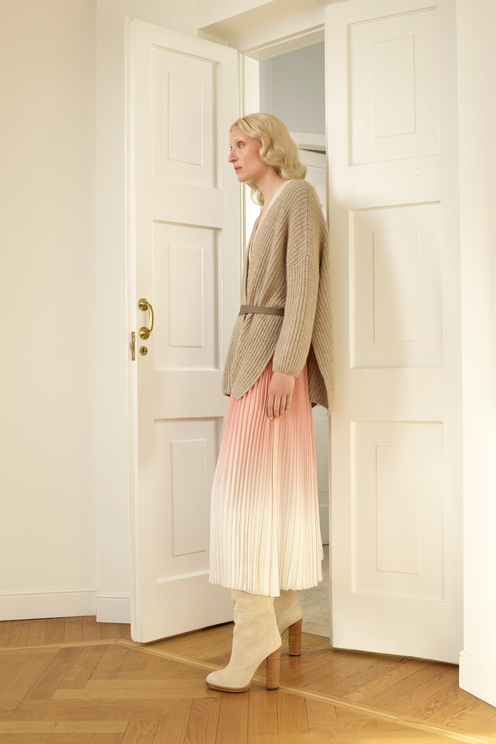 pink silk fitted pleated a-line flowing skirt