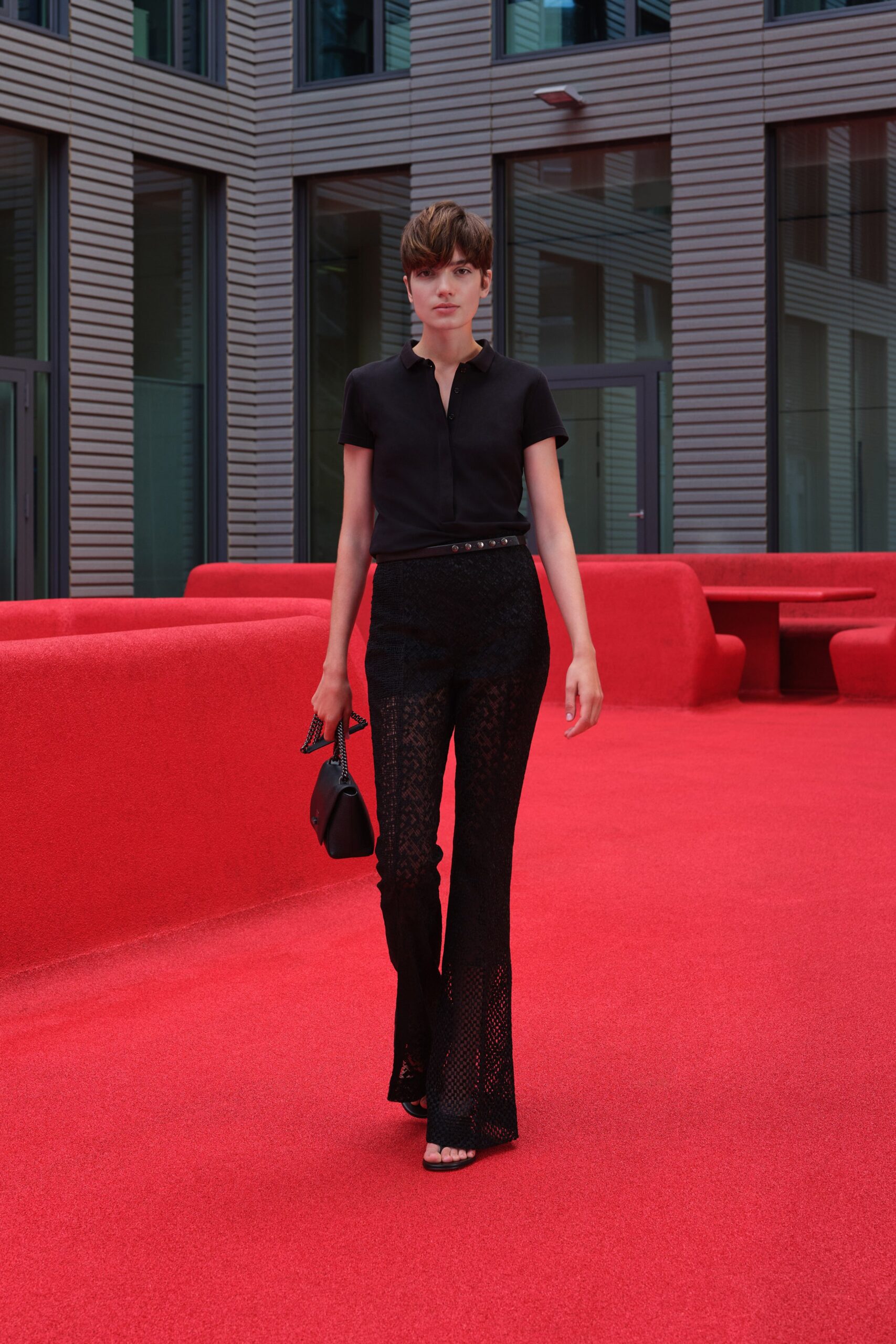 black lace fitted flared pleated pants