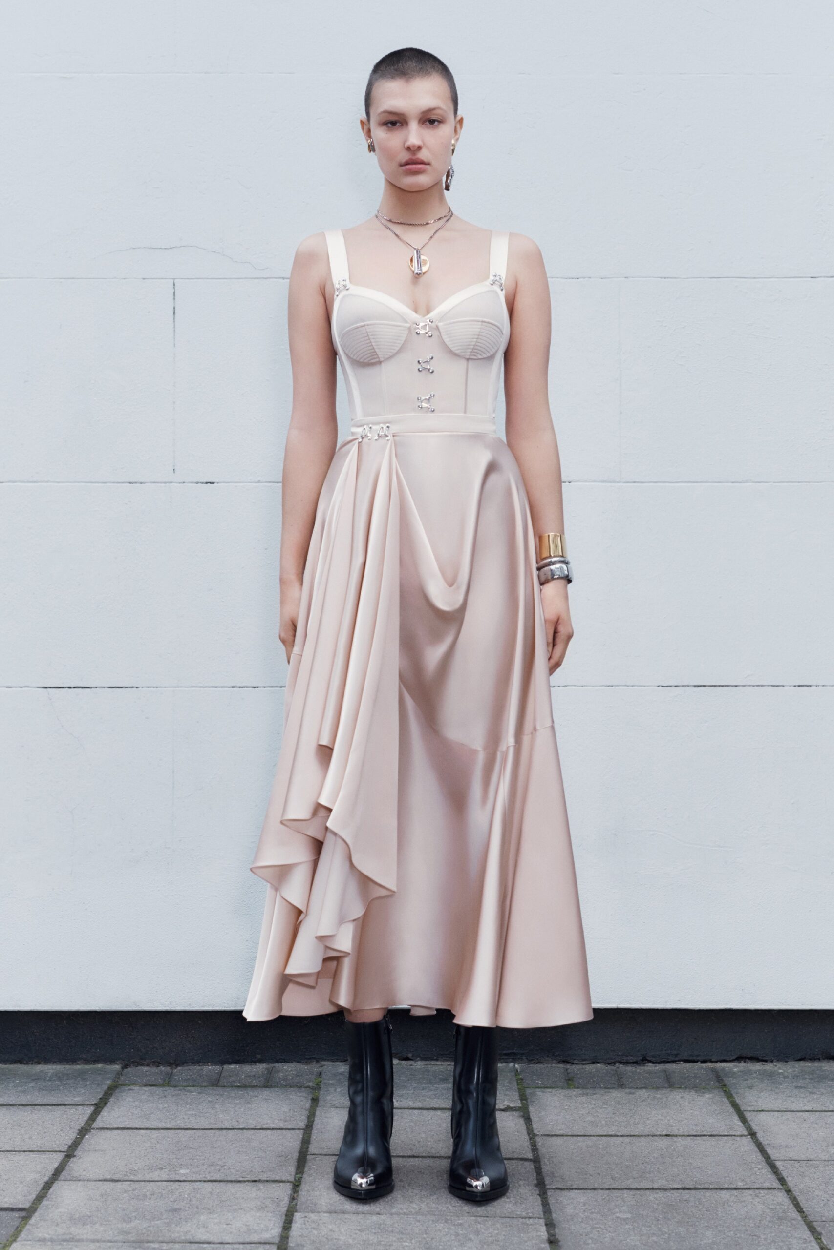 beige silk midi dress with black boots