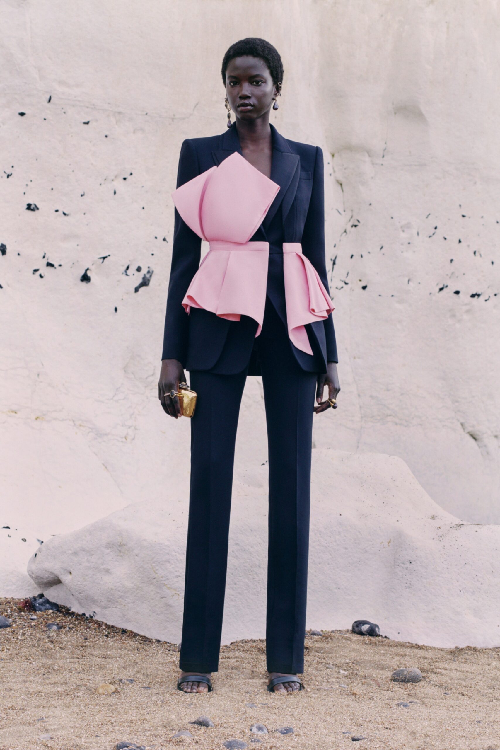 black silk long-sleeve collared tailored layered ruffled suit