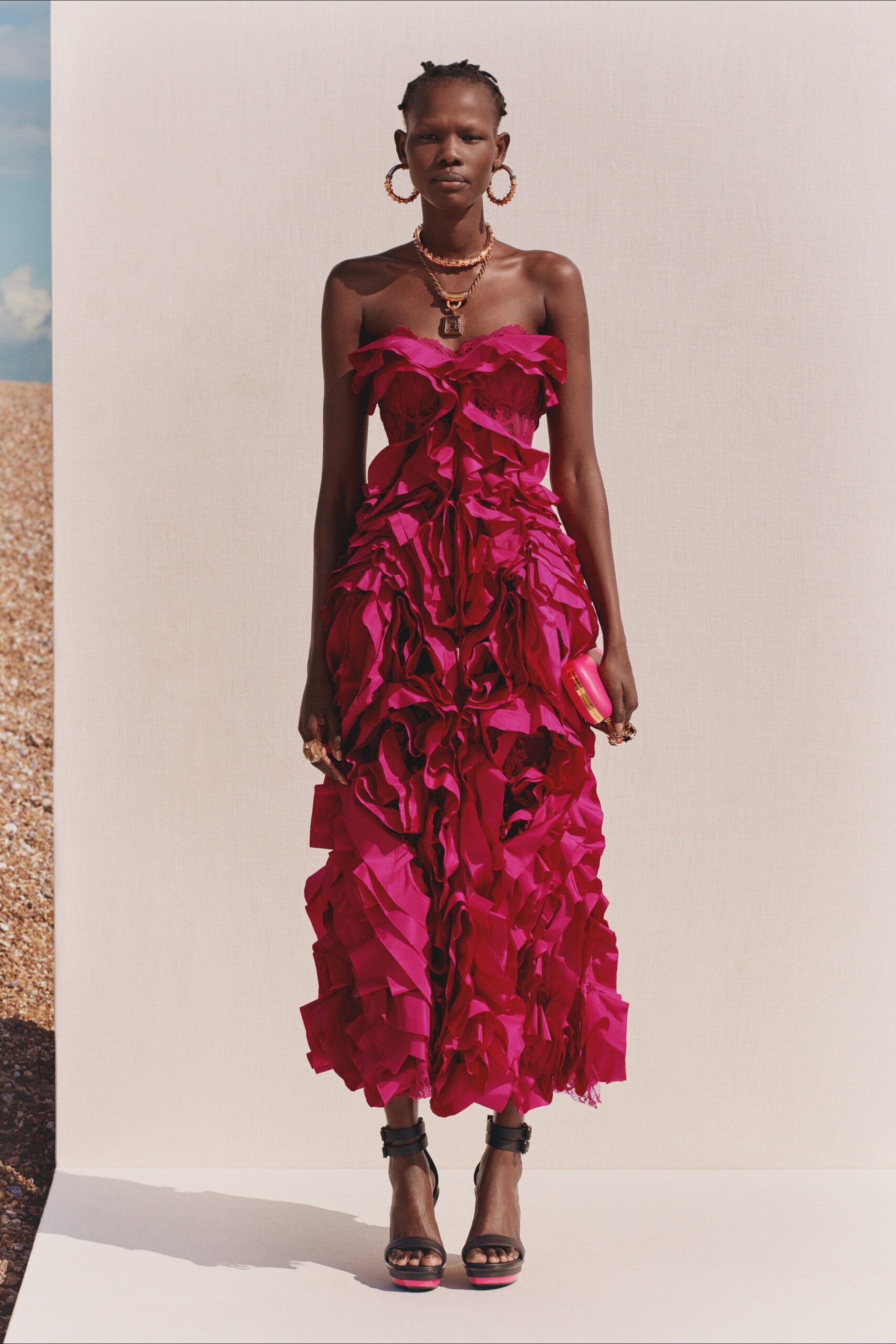 red ruffled strapless dress