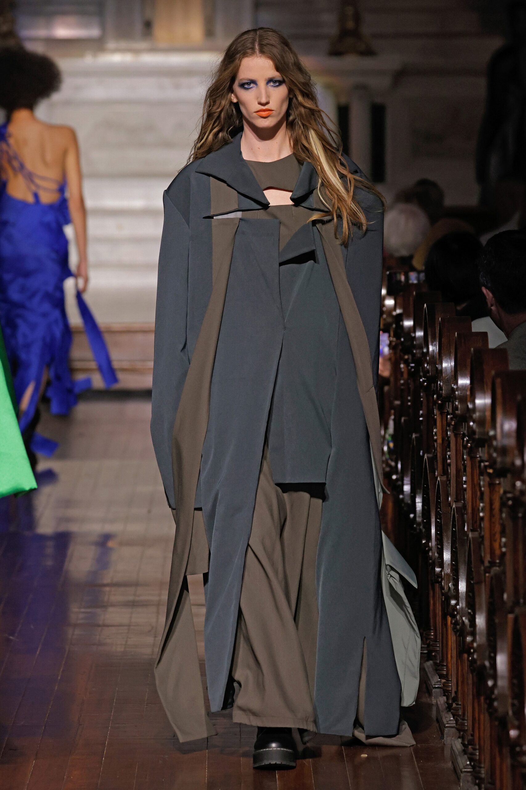gray and brown draped dress and coat