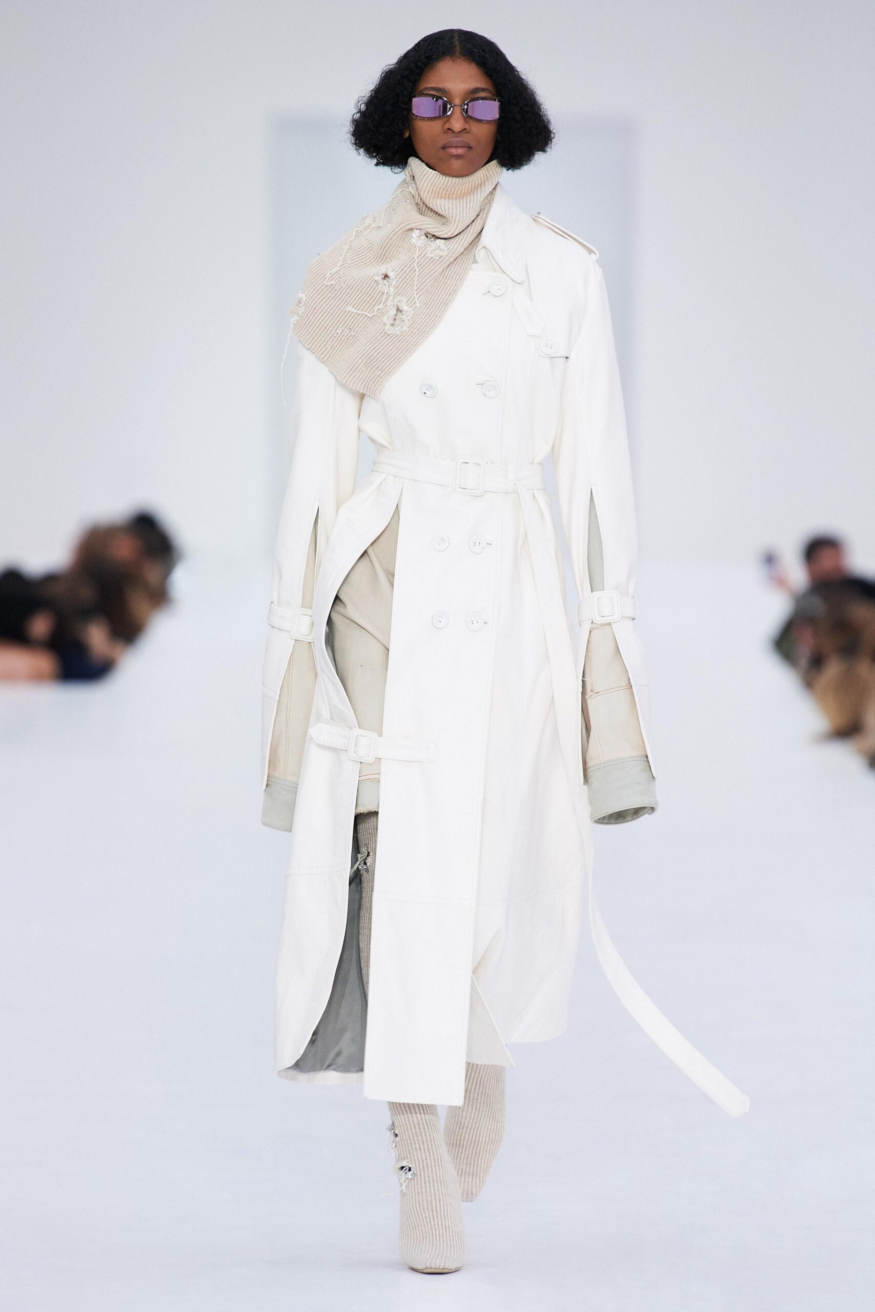 white trench coat with beige scarf