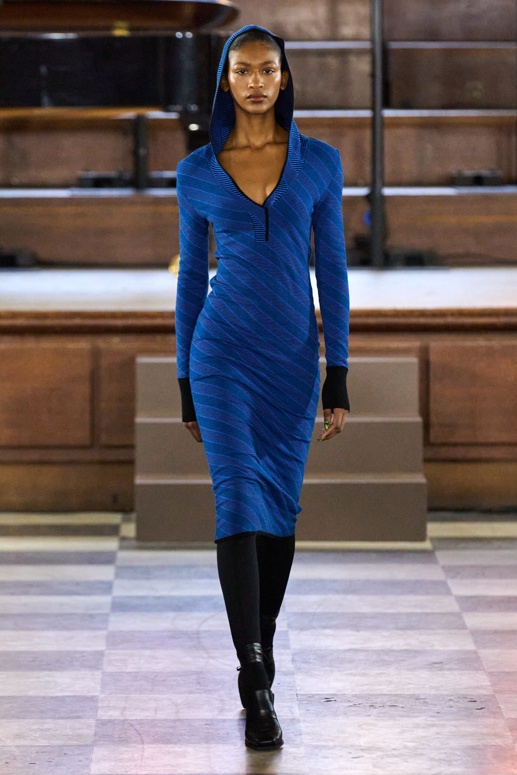 blue cotton long-sleeve v-neck fitted striped midi dress