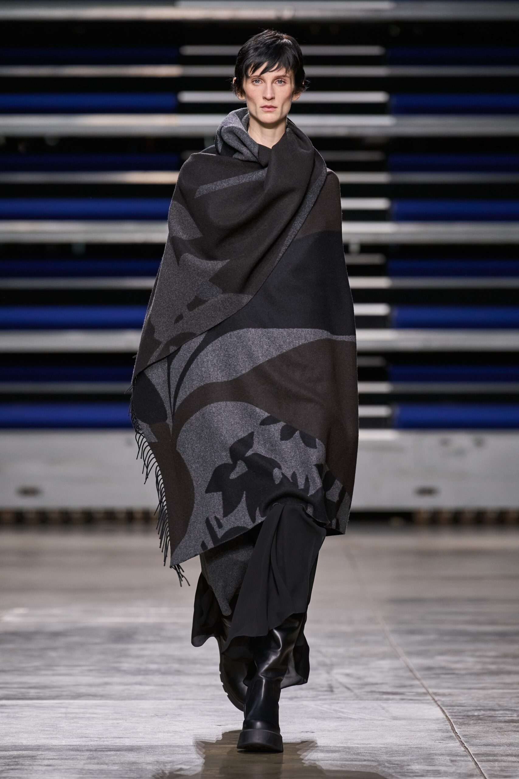 black gray wool poncho with fitted pants