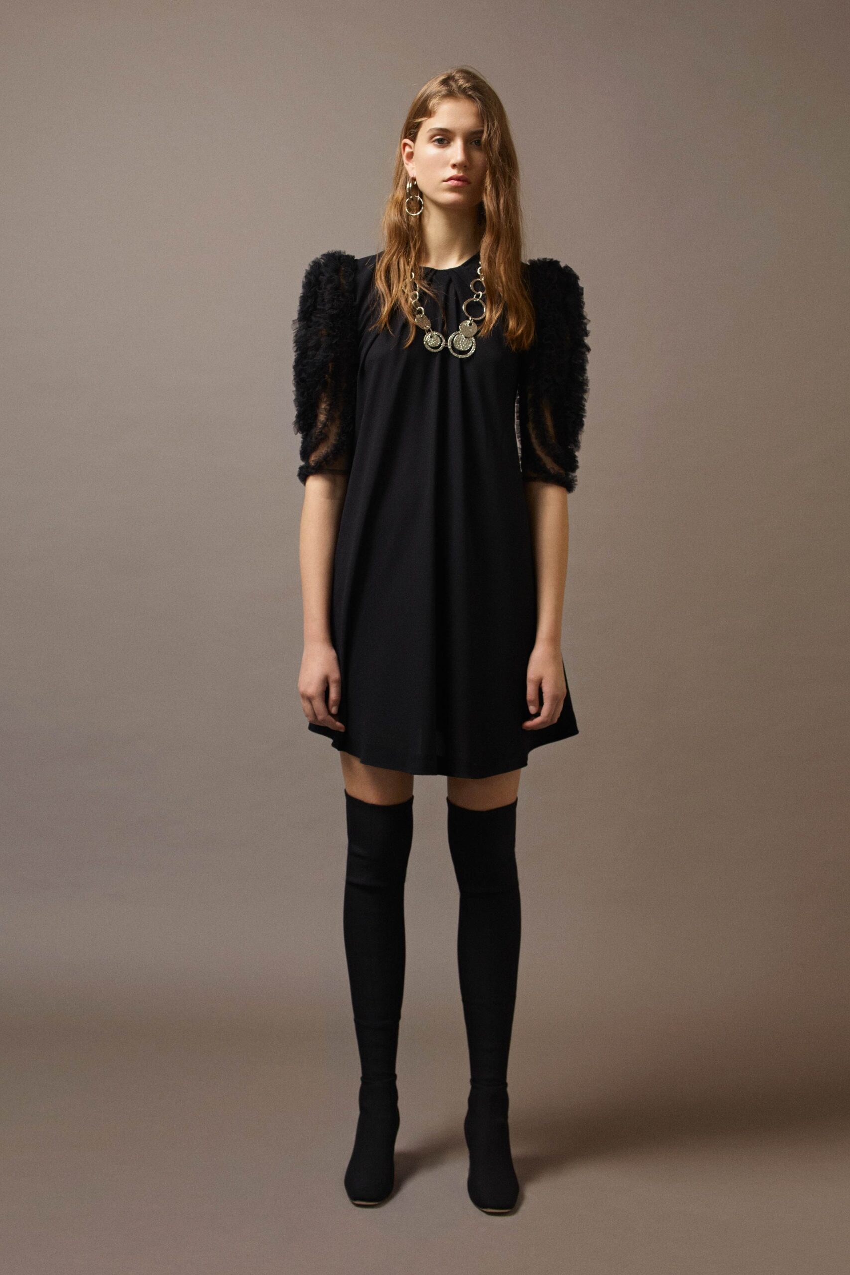 black silk short-sleeve collared relaxed draped short dress