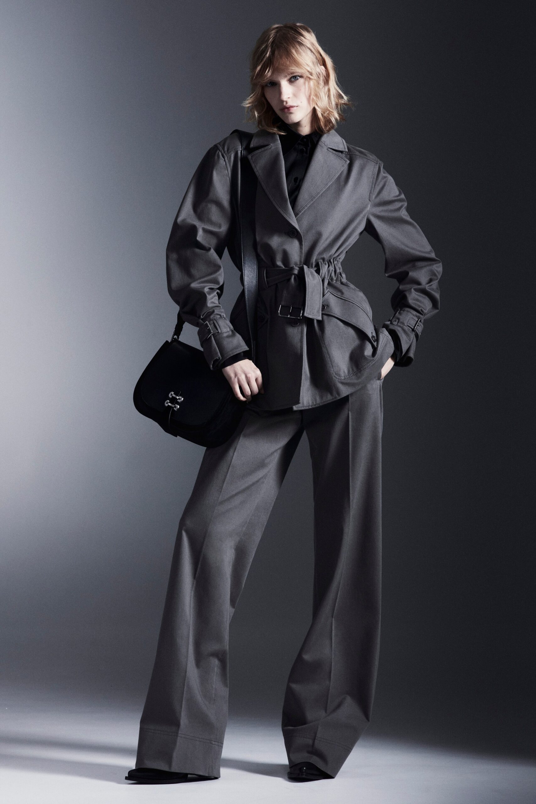 gray relaxed jacket and tailored pants
