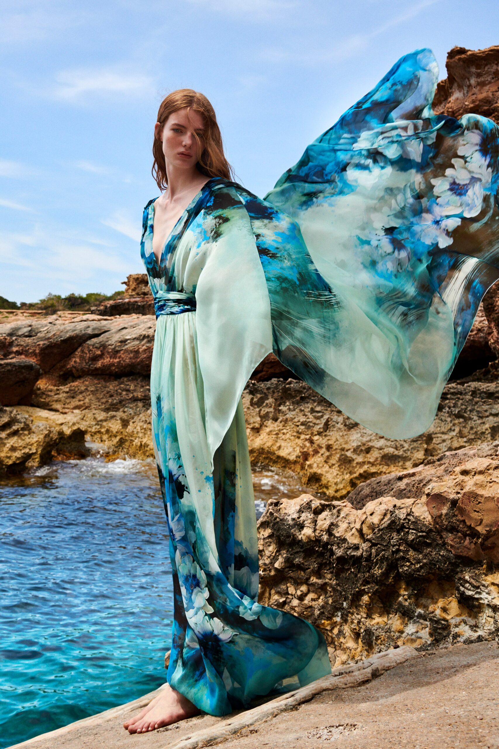 blue green flowing silk gown
