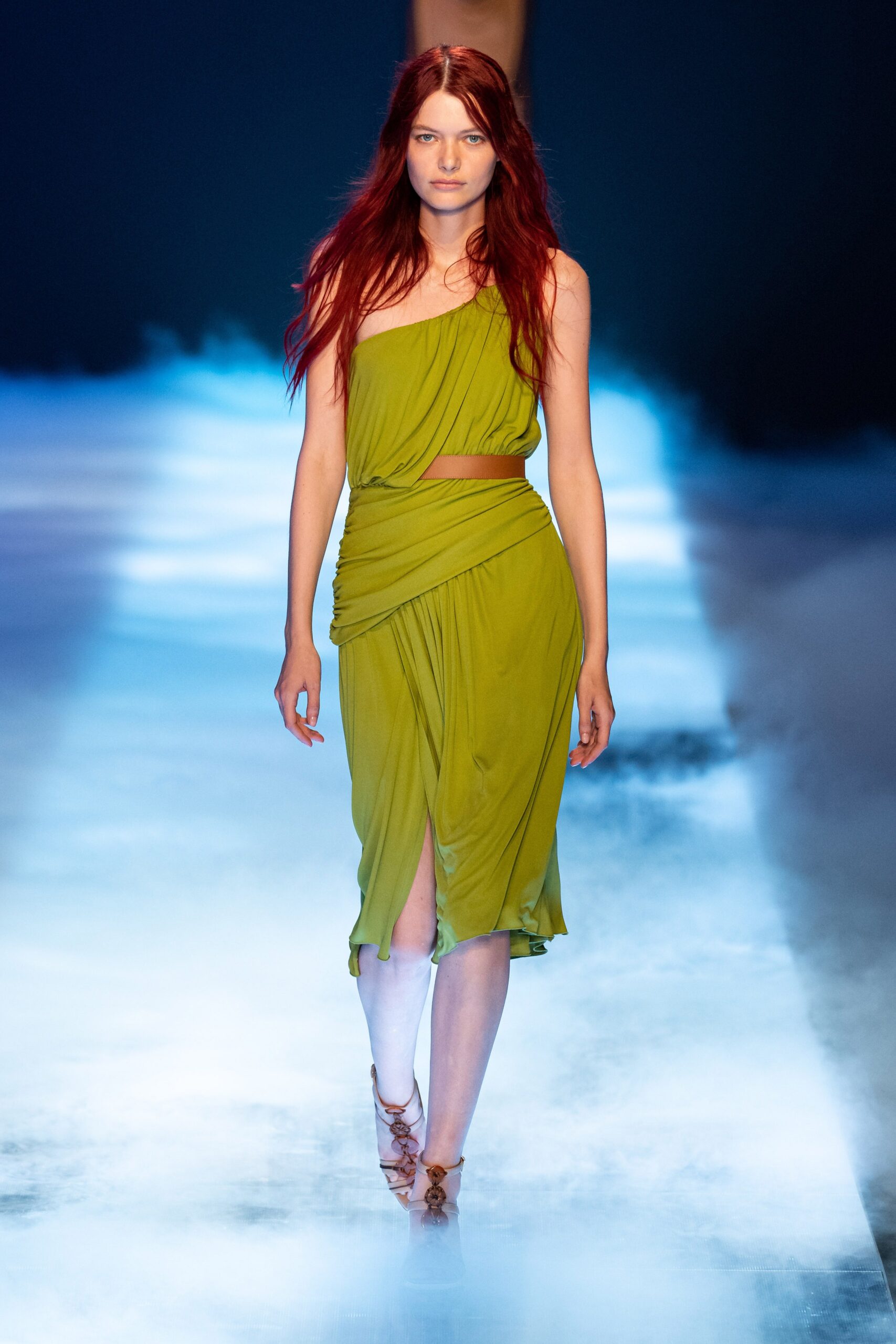 fitted green silk midi dress