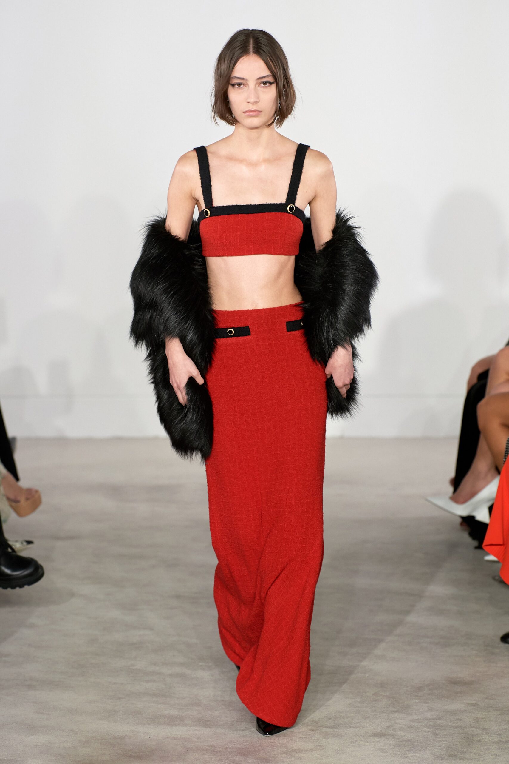 red crop-top and maxi skirt