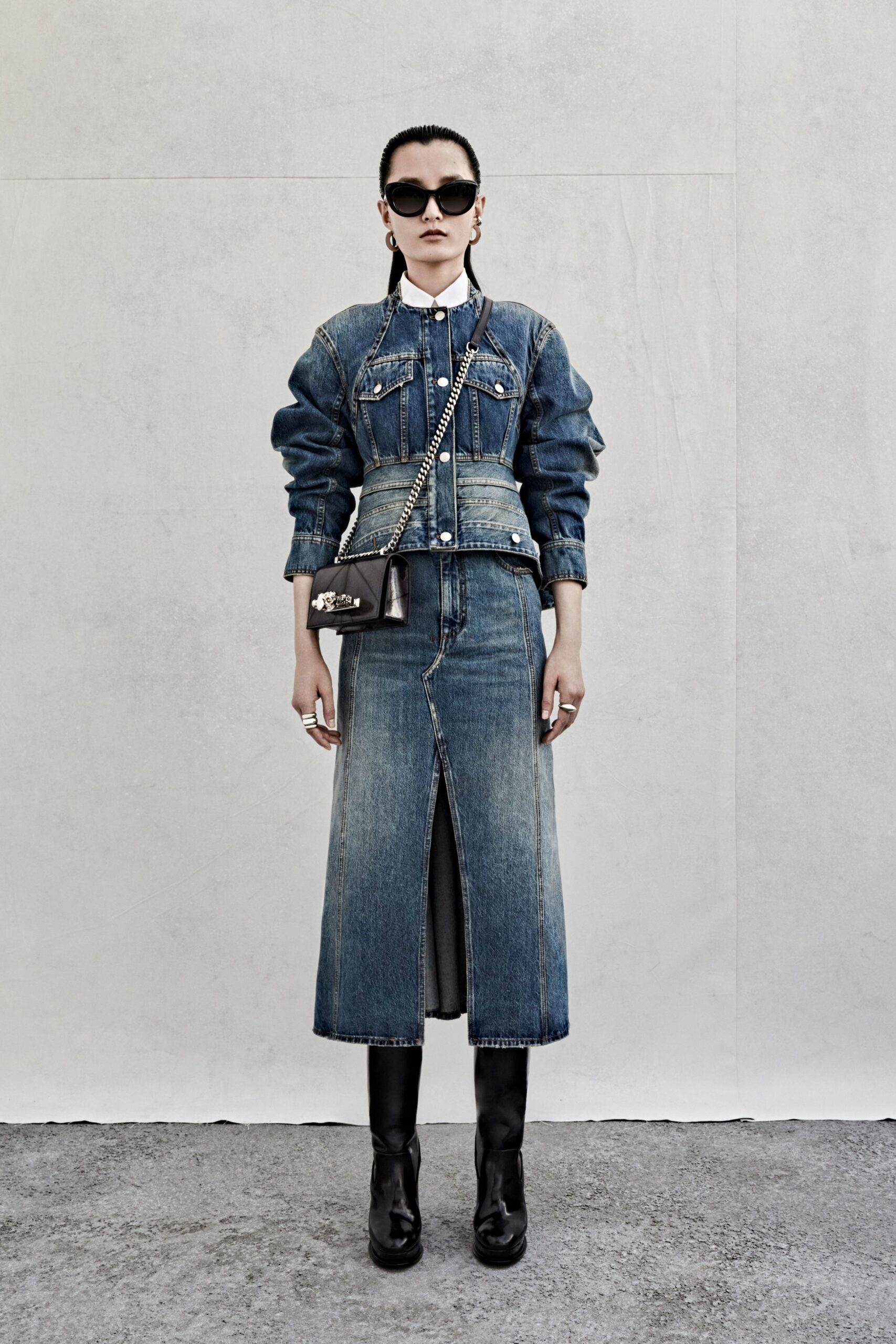 denim jacket and midi skirt