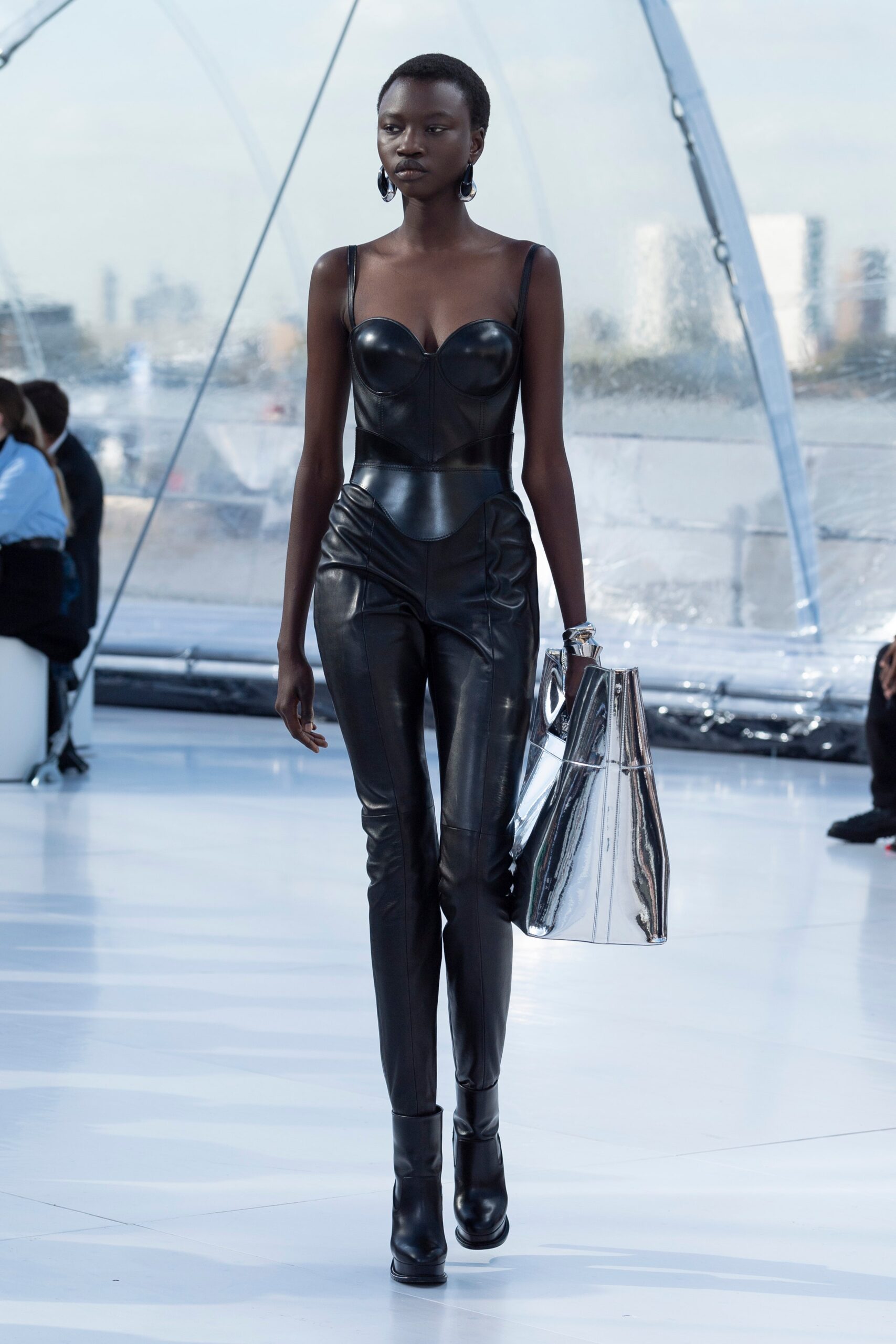 black leather fitted catsuit