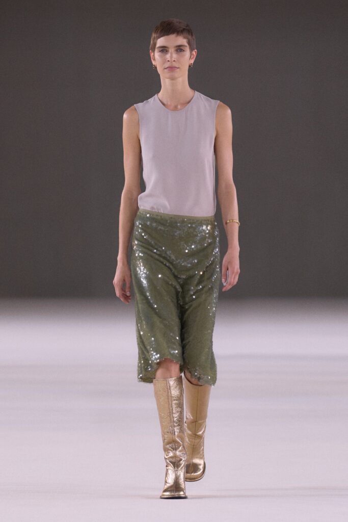 white silk top green sequin skirt