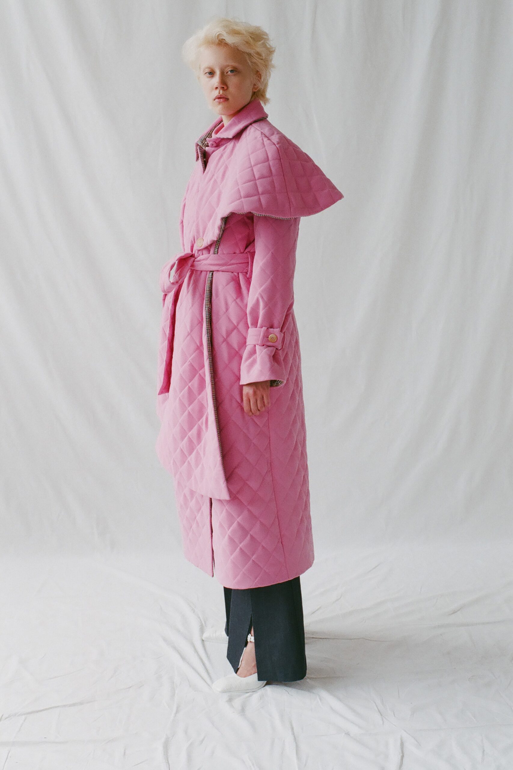 pink cotton long-sleeve collared fitted quilted belted coat