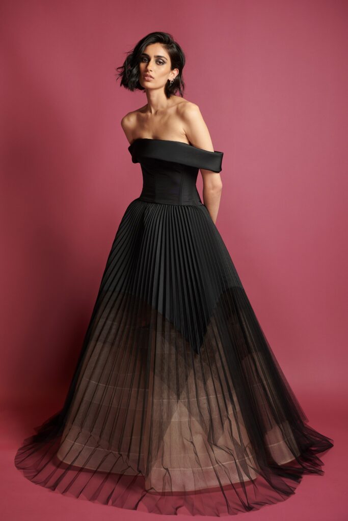black silk off-shoulder gown