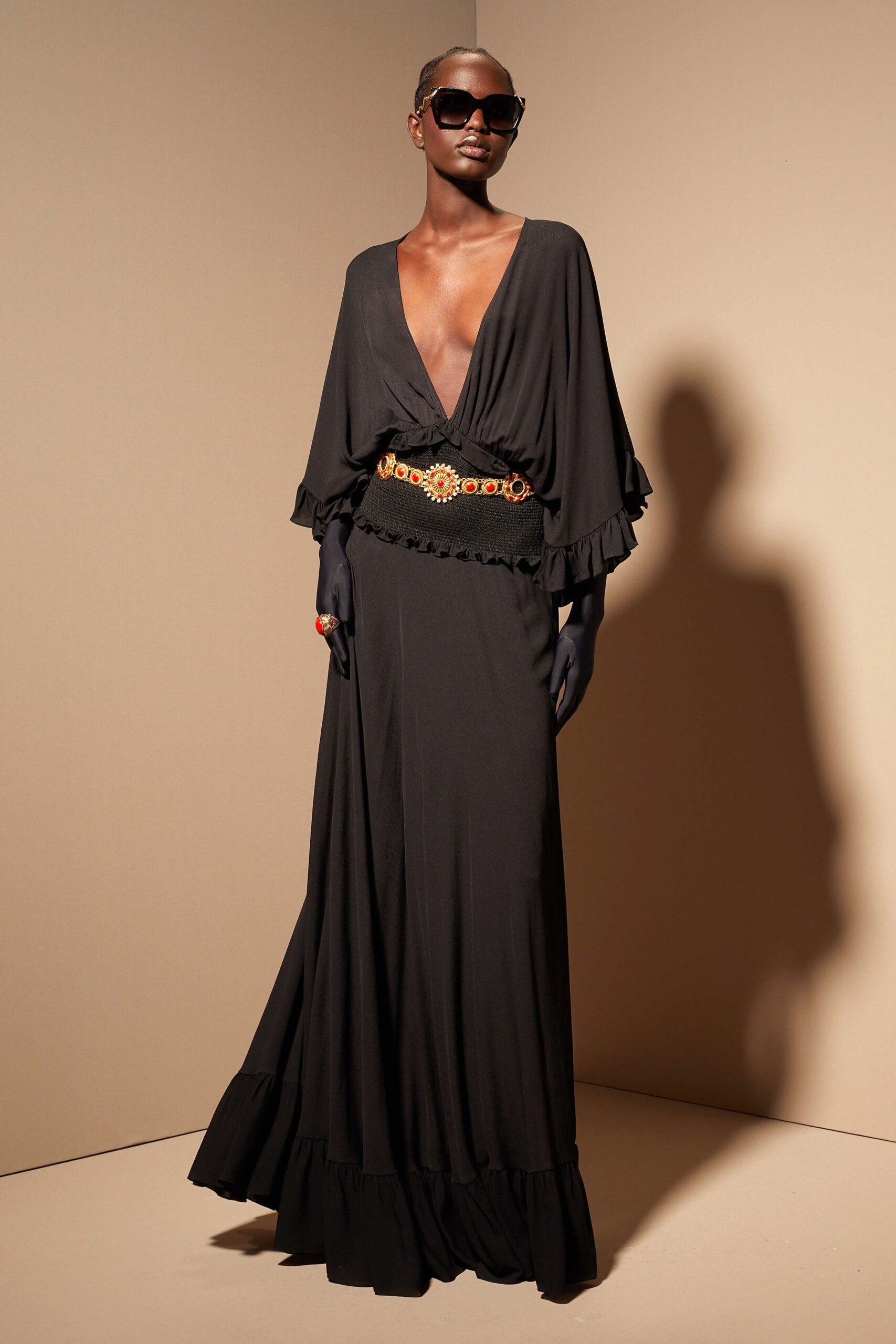 black fitted ruffled gown