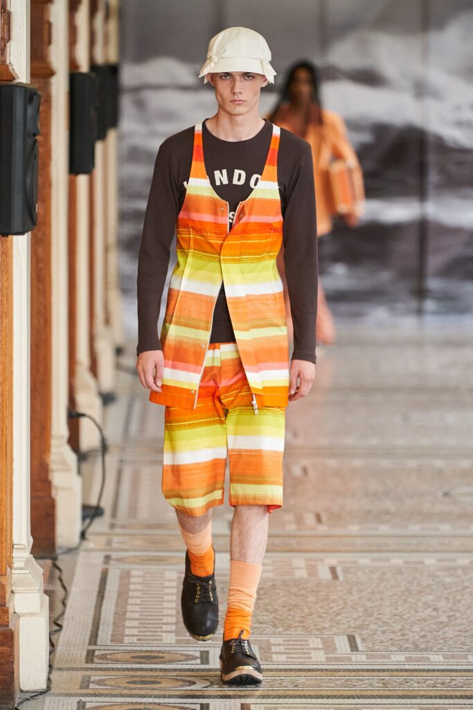 color-blocked orange jumpsuit with shorts