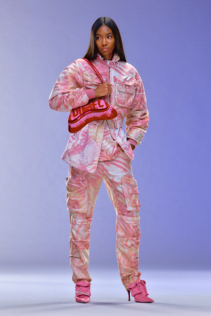 A relaxed pink printed jacket with matching pants, perfect for a trendy streetwear look.
