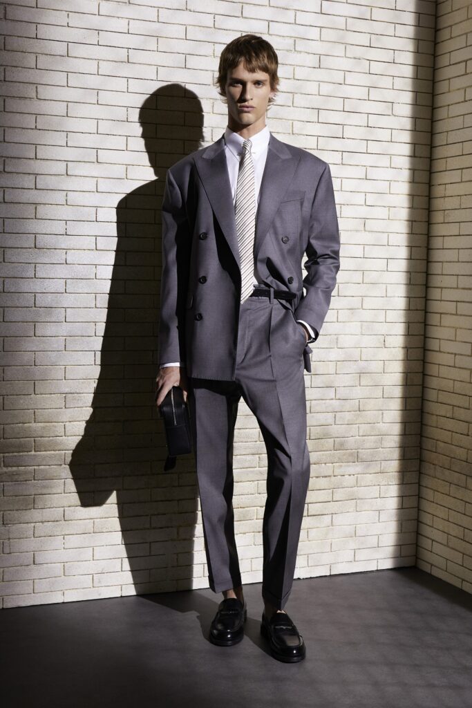 A tailored gray suit with a collared shirt and straight-leg trousers.