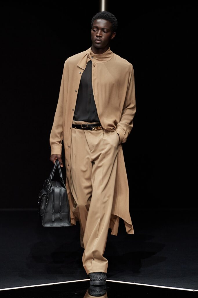 beige silk shirt and tailored pants